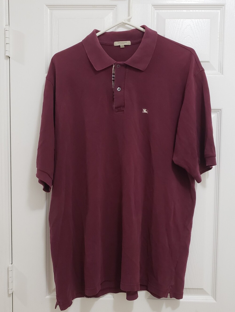 Burberry London Polo Shirt Mens XXL Burgundy Maroon Nova Check Logo 100% Cotton.
